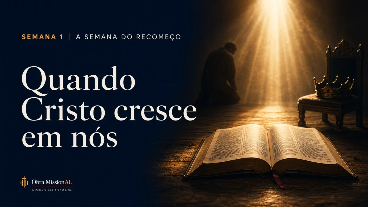 Bíblia aberta, pessoa em oração e uma coroa afastada, representando Cristo crescendo em nós.
