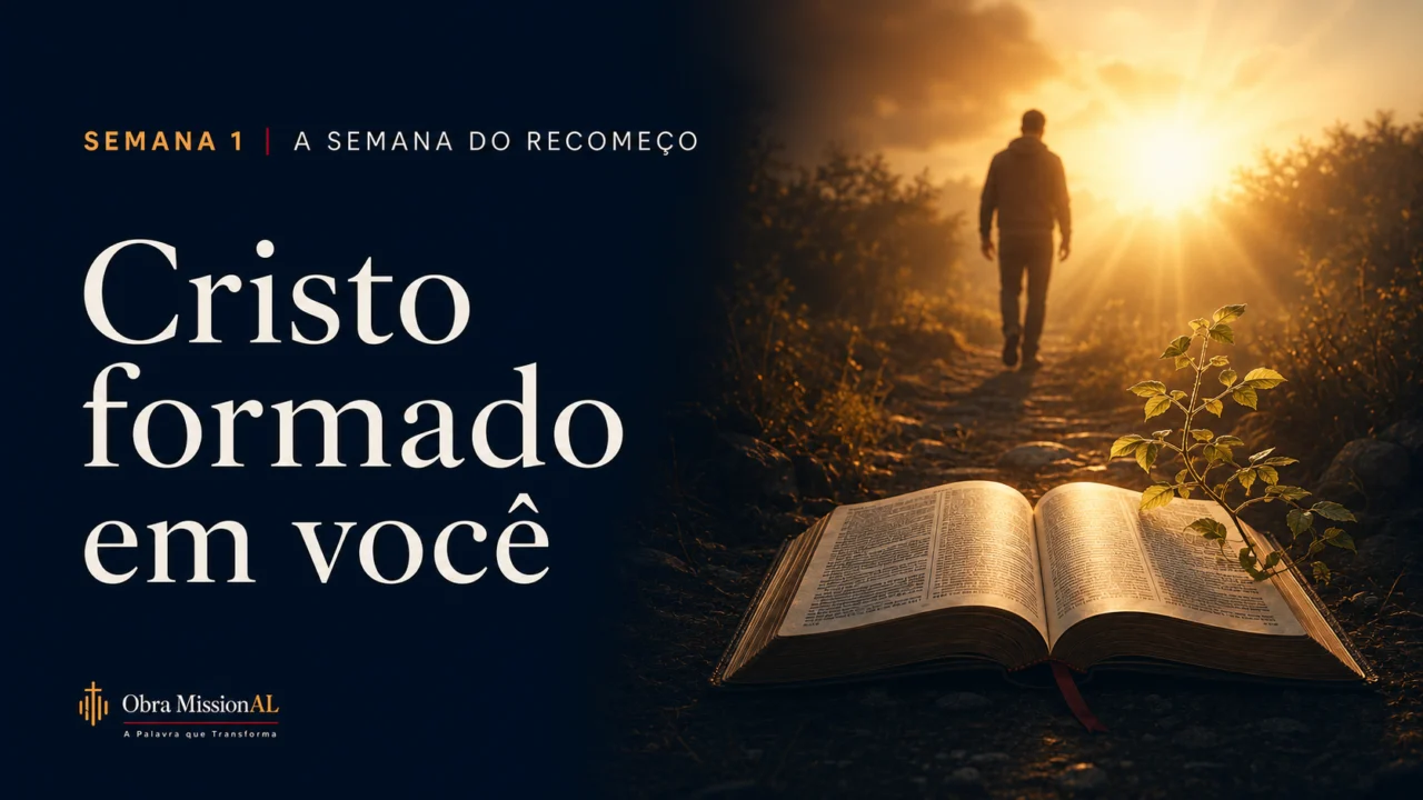 Bíblia aberta com um ramo florescendo e uma pessoa caminhando em direção à luz, representando Cristo sendo formado em nós.