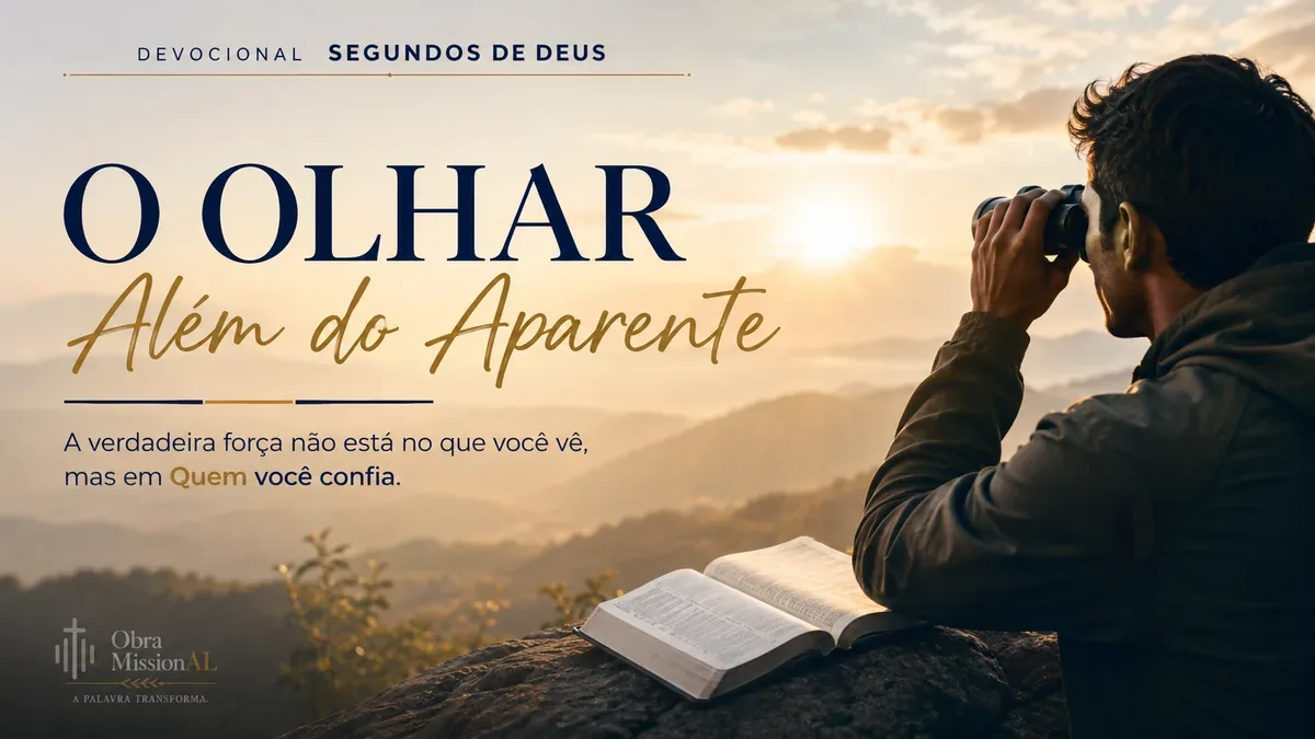 Homem observa o horizonte com binóculos ao lado de uma Bíblia aberta, diante de montanhas iluminadas pelo amanhecer, representando confiança em Deus além do que os olhos podem ver.