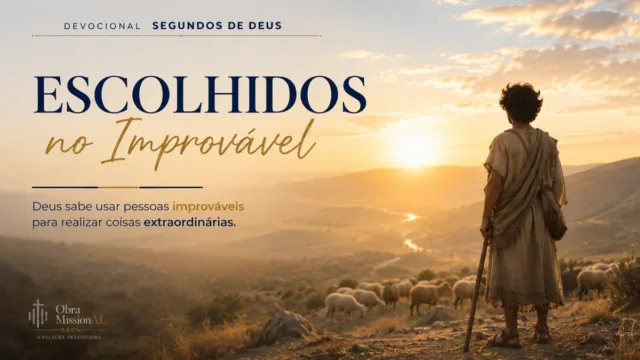 Jovem pastor diante de um vale iluminado pelo nascer do sol e cercado por ovelhas, representando como Deus escolhe pessoas improváveis para realizar propósitos extraordinários.