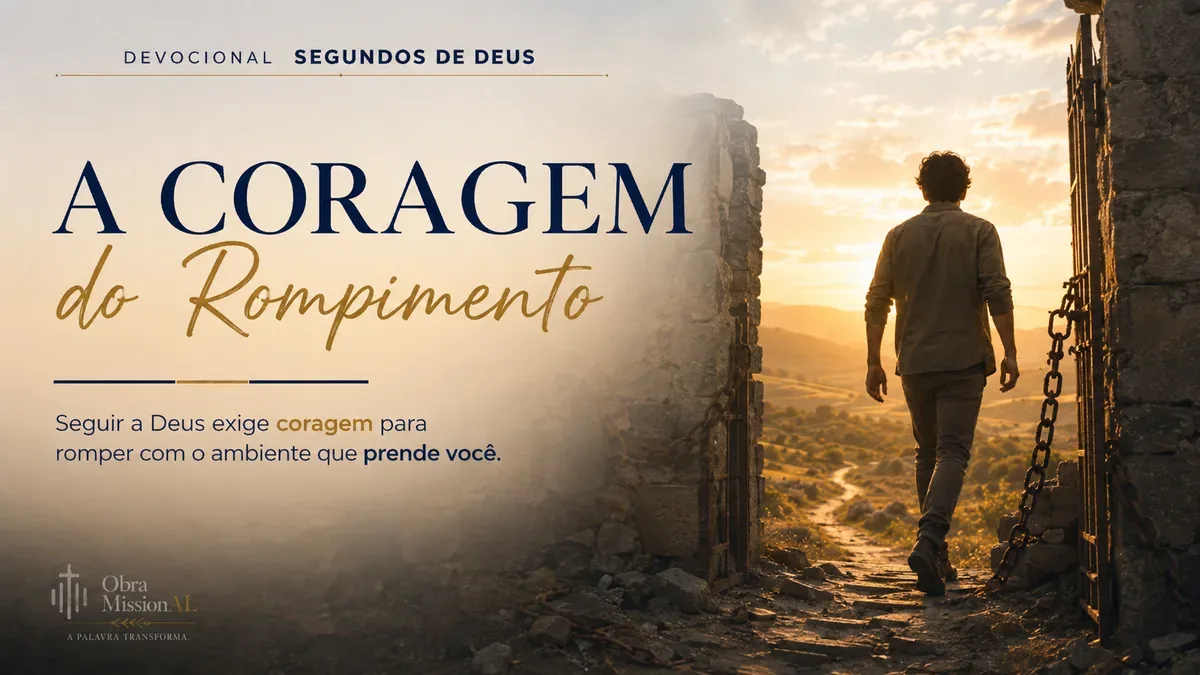 Homem atravessa uma antiga passagem de pedra com correntes rompidas em direção a um caminho iluminado, representando coragem para deixar para trás aquilo que impede uma nova caminhada com Deus.