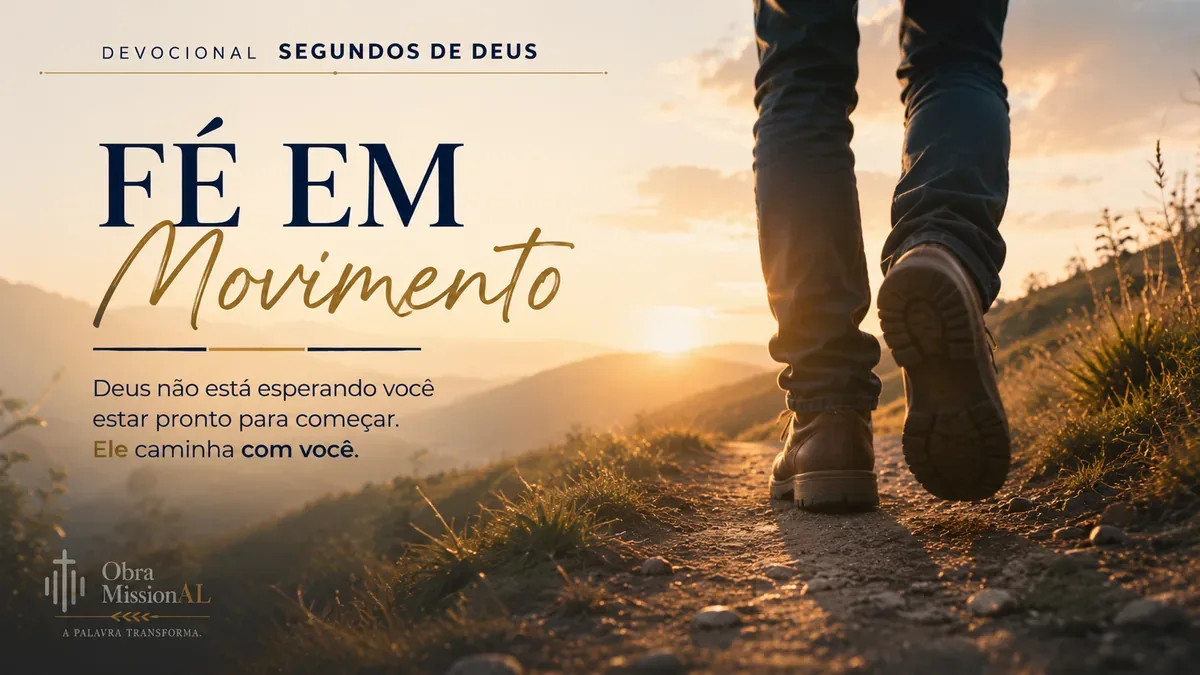 Pessoa caminha por uma trilha de montanha em direção ao horizonte iluminado, representando uma fé que se manifesta por meio de passos, decisões e movimento.