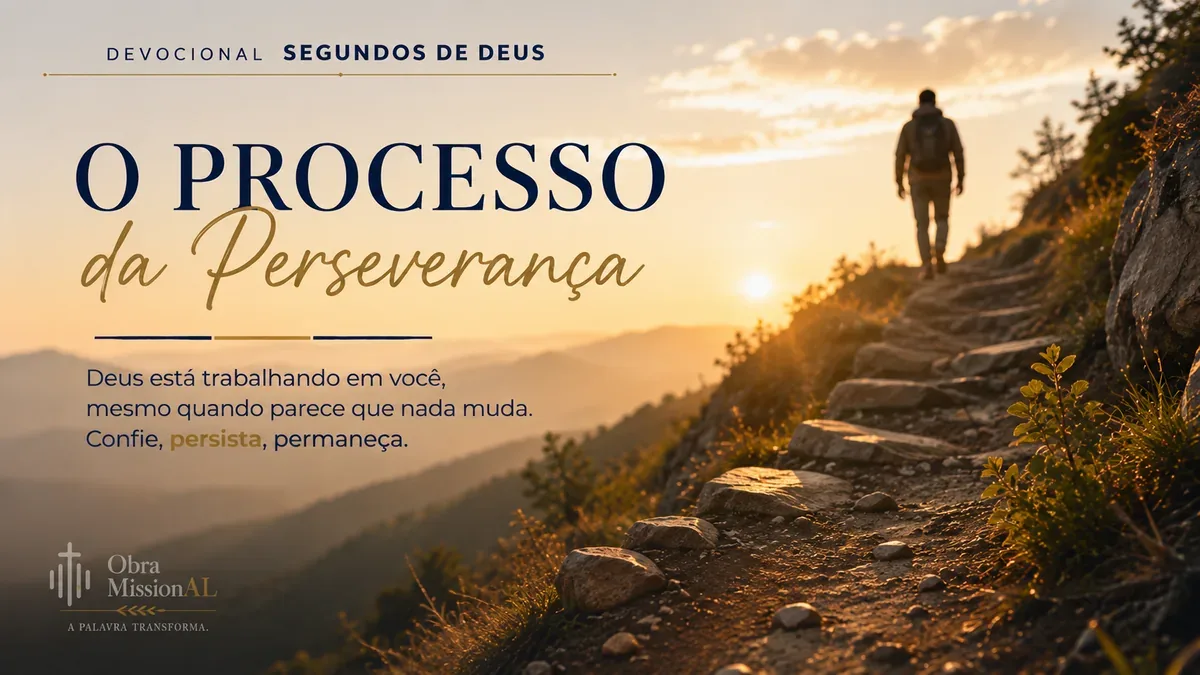 Pessoa segue por uma trilha íngreme de pedras em direção ao alto da montanha ao amanhecer, representando perseverança, constância e confiança durante o processo.