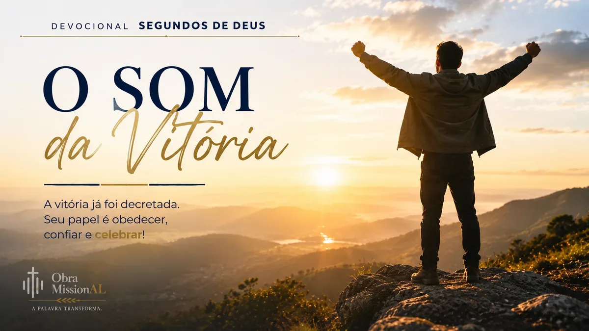 Homem no alto de uma montanha ergue os braços diante do nascer do sol, representando vitória, libertação e celebração depois de uma caminhada de fé e obediência.