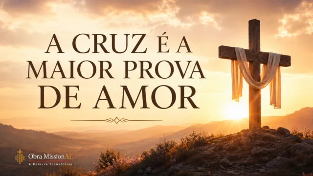 Cruz iluminada ao amanhecer, representando o amor sacrificial de Cristo e a maior prova de amor da história.