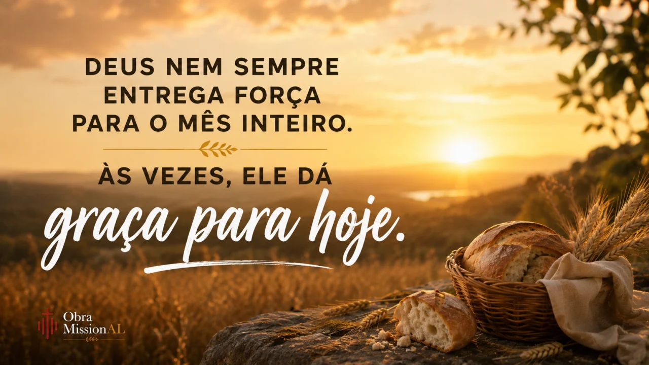 Pães e espigas de trigo ao pôr do sol, representando a provisão diária de Deus e a graça necessária para continuar a caminhada.