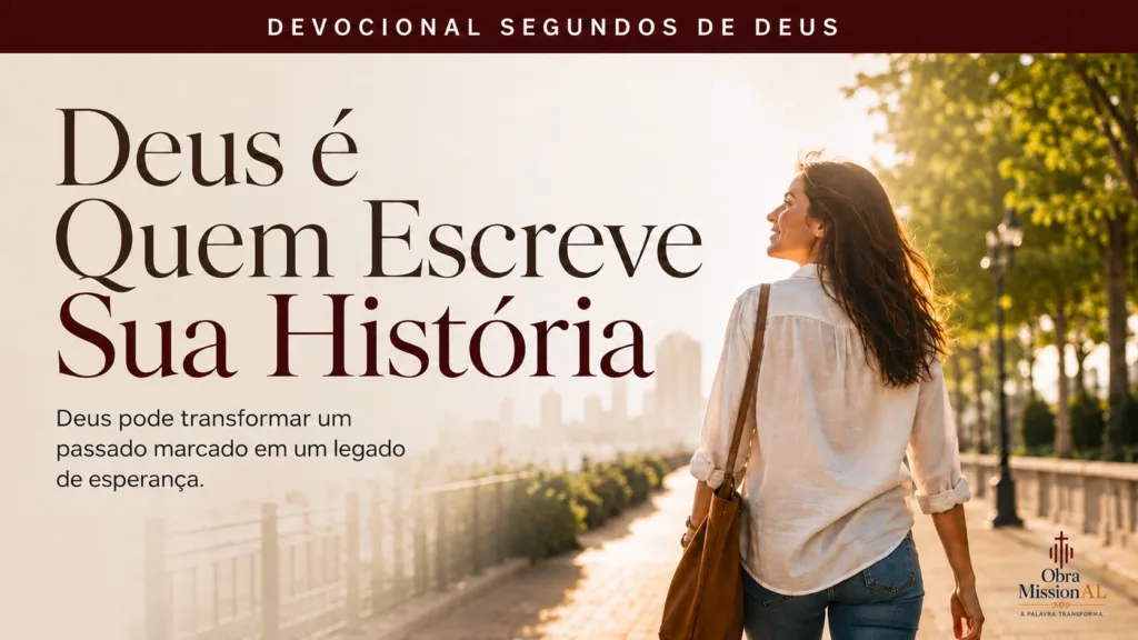 Mulher caminha por um parque iluminado em direção ao futuro, representando uma história conduzida e transformada por Deus.