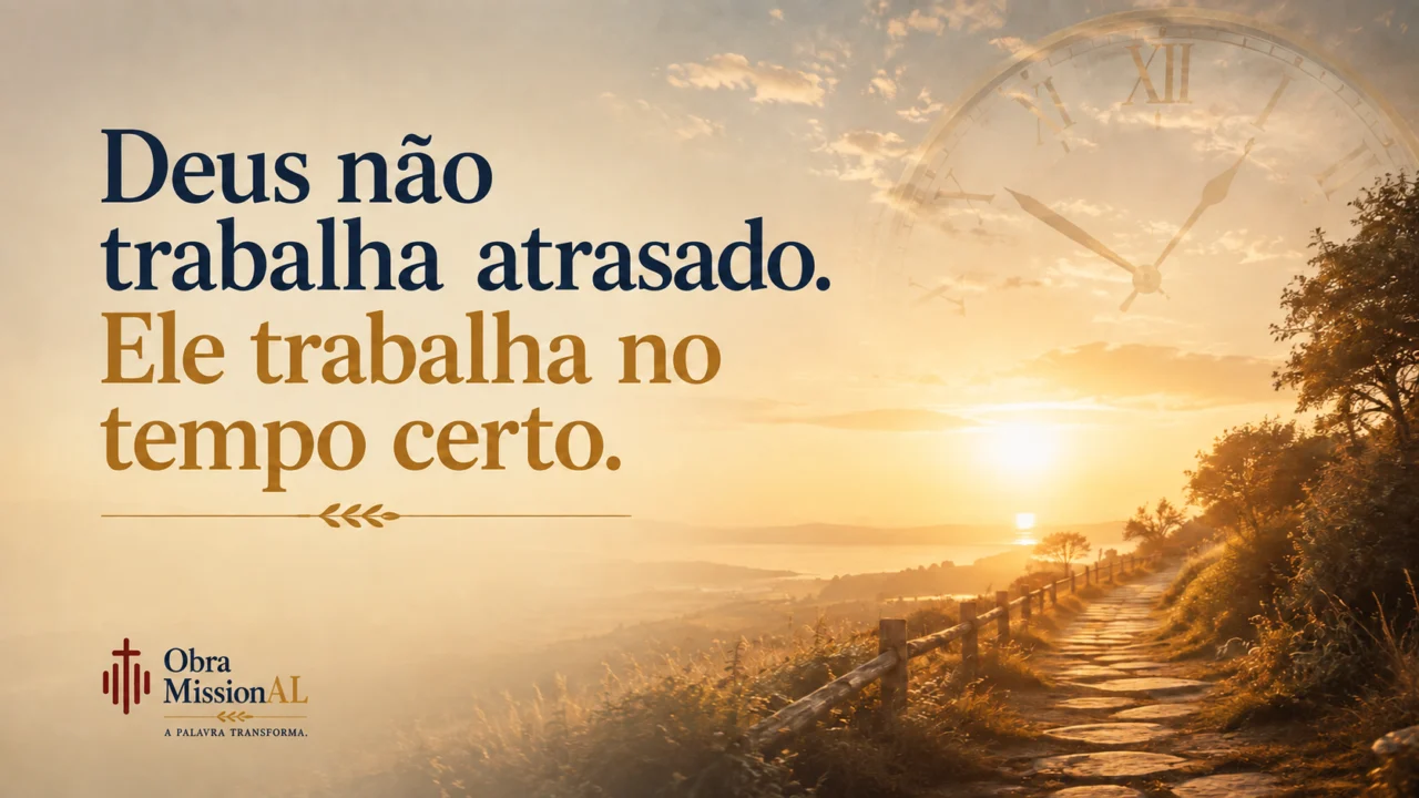 Relógio em meio a uma paisagem tranquila ao entardecer, representando a confiança no tempo perfeito de Deus.