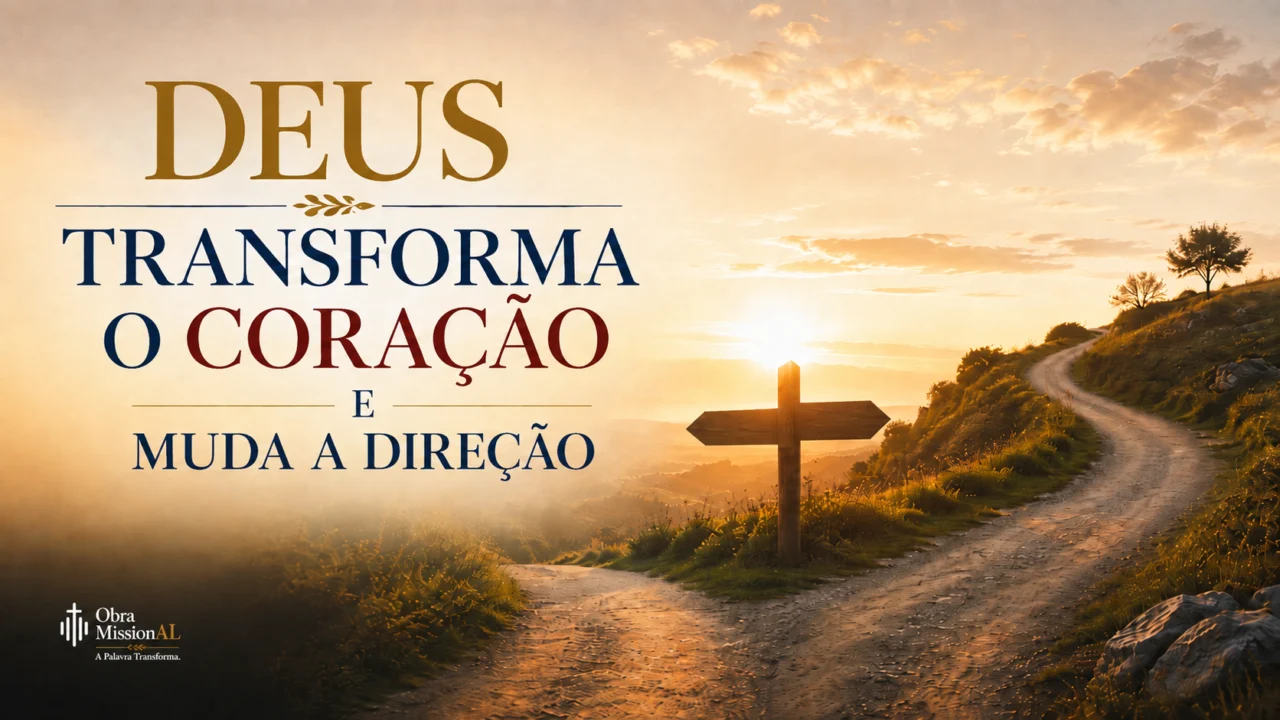 Caminho mudando de direção em uma paisagem iluminada, com a frase “Deus transforma o coração e muda a direção”.