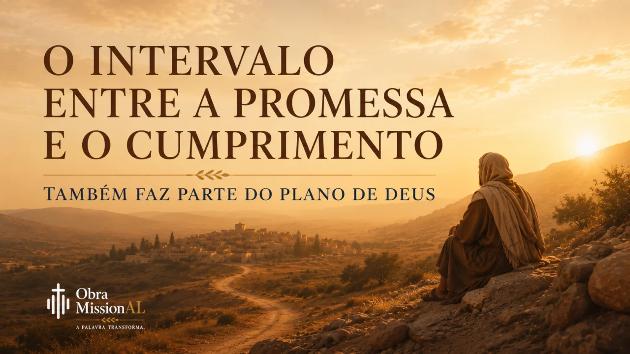 Pessoa em atitude de espera e contemplação, sentada sobre rochas e olhando para o horizonte ao entardecer, representando o intervalo entre a promessa e o cumprimento no plano de Deus.
