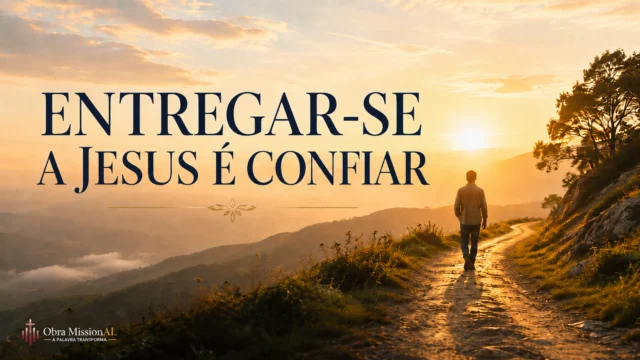 Homem caminhando por uma estrada iluminada ao amanhecer, representando entrega a Jesus, confiança e descanso em Deus.