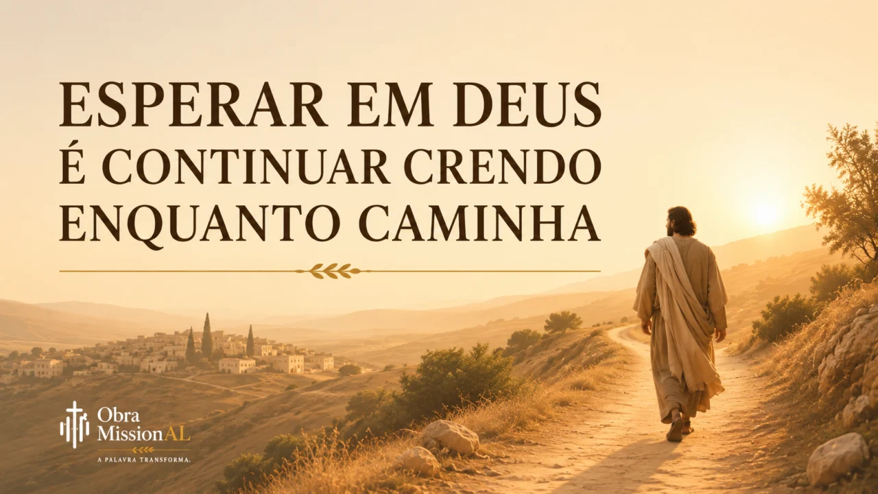 Pessoa caminhando por uma estrada ao entardecer, em cenário de luz dourada, representando a fé perseverante de quem continua crendo enquanto espera em Deus.