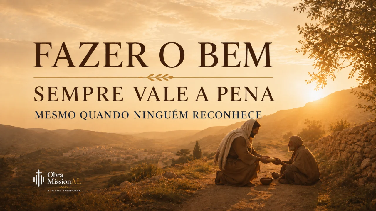 Pessoa realizando um gesto de bondade sem receber reconhecimento, representando a perseverança em fazer o bem e confiar no tempo de Deus.