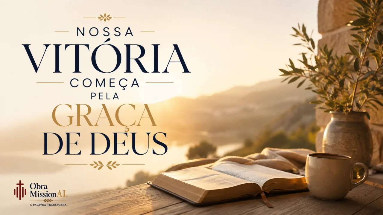 Paisagem com caminho iluminado ao amanhecer e a frase “Nossa vitória começa pela graça de Deus”, representando a vitória recebida em Cristo pela graça divina.