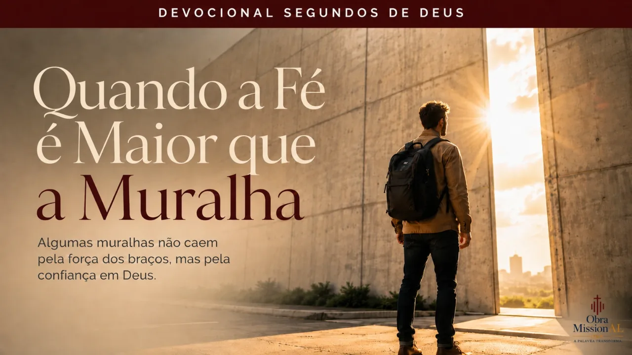 Homem diante de uma grande estrutura iluminada, simbolizando fé e confiança em Deus diante de obstáculos.