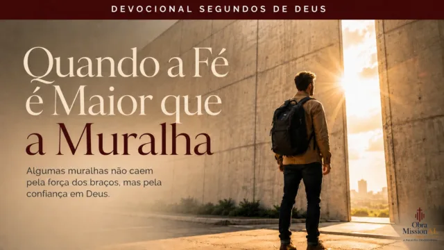 Homem diante de uma grande estrutura iluminada, simbolizando fé e confiança em Deus diante de obstáculos.