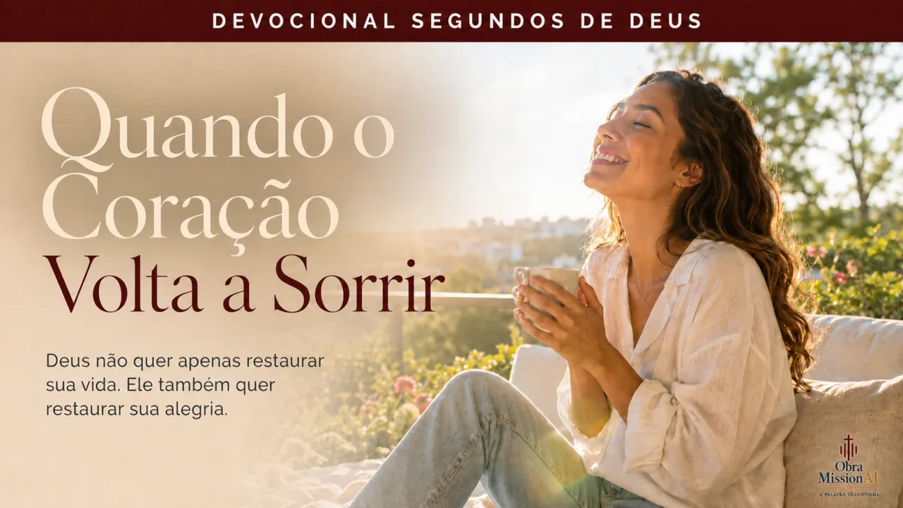 Mulher sorrindo em ambiente claro e acolhedor, representando paz, leveza e alegria restaurada por Deus.
