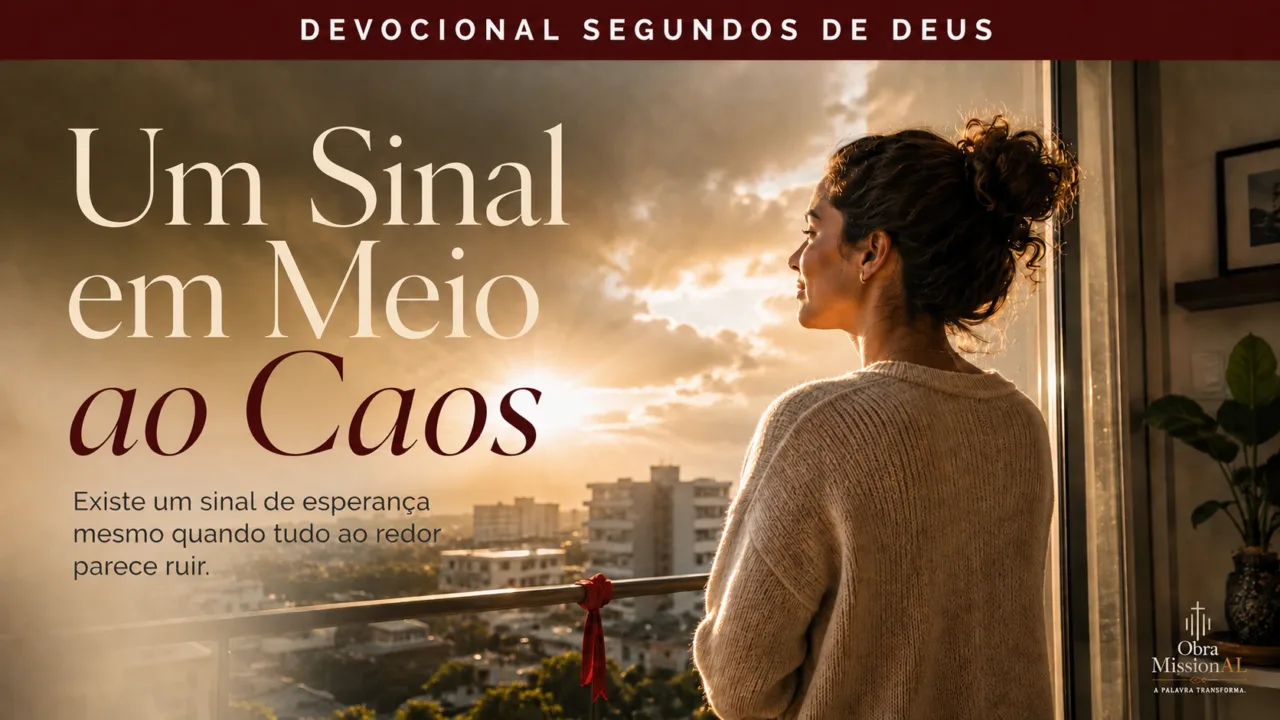 Mulher em ambiente contemporâneo observa a cidade iluminada enquanto um laço vermelho simboliza esperança em meio ao caos.