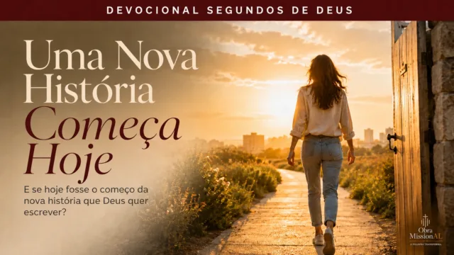 Mulher caminha por um caminho iluminado ao amanhecer, simbolizando recomeço, futuro e uma nova história com Deus.
