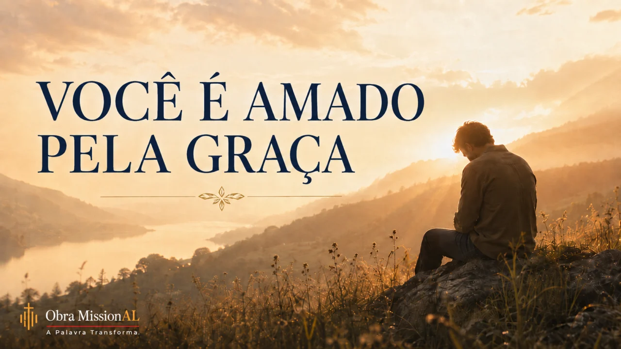 Homem sentado em contemplação diante de uma paisagem iluminada, representando o amor de Deus recebido pela graça.
