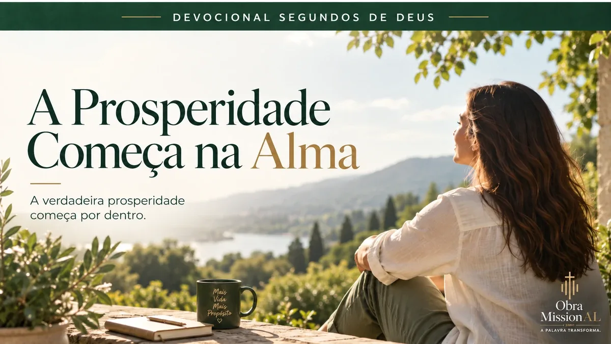 Mulher sentada em ambiente natural contemplando um vale iluminado, com caneca e caderno sobre uma mesa de madeira.