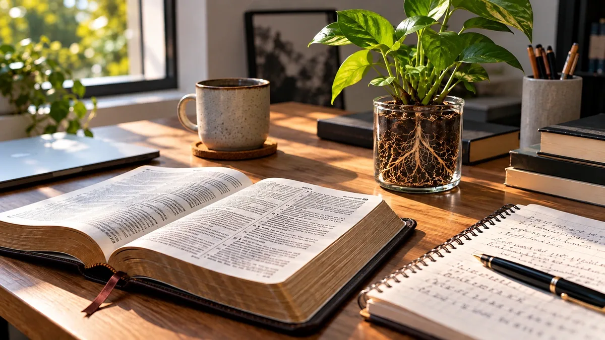 Bíblia aberta, caderno de anotações e planta com raízes visíveis sobre uma mesa de estudo iluminada pela luz natural.
