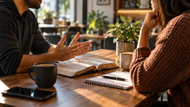 Duas pessoas conversando diante de uma Bíblia aberta e um caderno sobre uma mesa em ambiente moderno.
