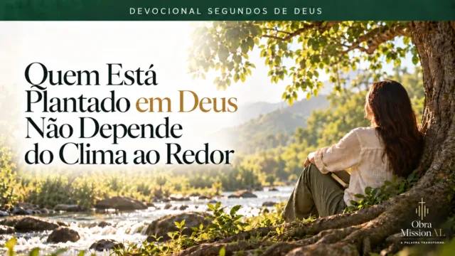 Mulher sentada sob uma grande árvore junto a um rio, contemplando a paisagem iluminada entre montanhas e vegetação.