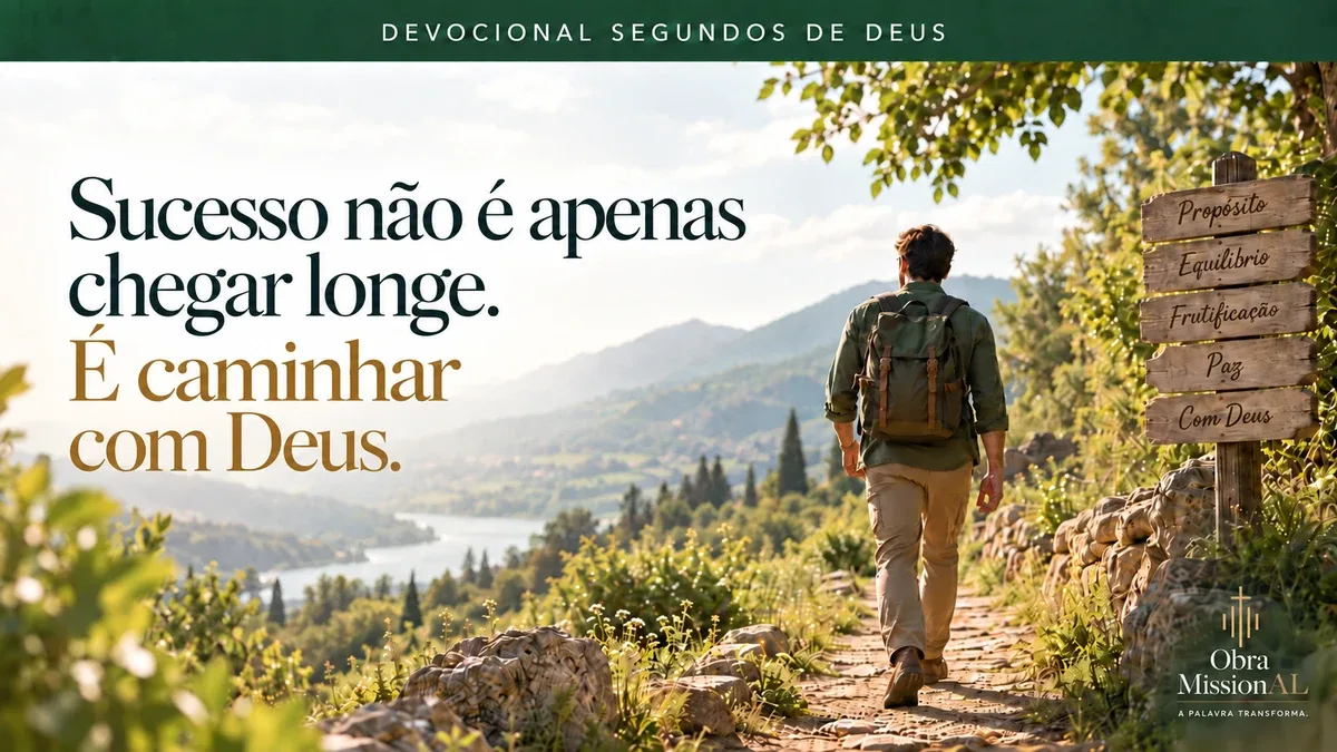 Homem com mochila caminhando por uma trilha entre montanhas, ao lado de placas indicando propósito, equilíbrio, frutificação, paz e Deus.
