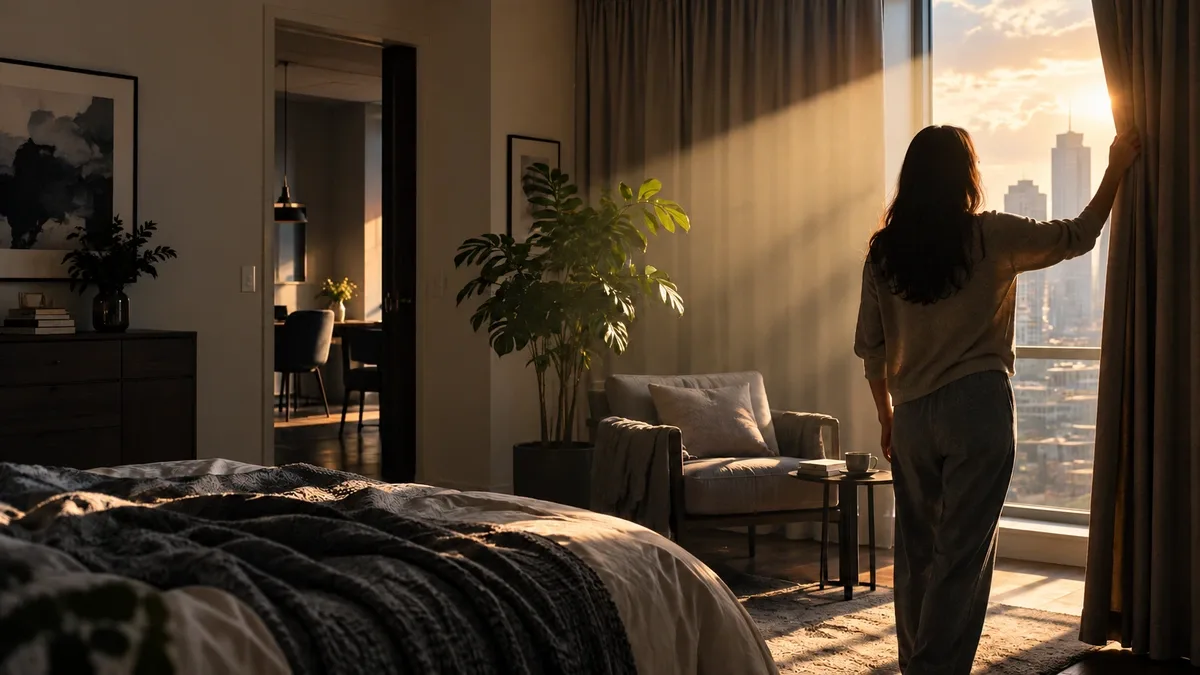 Pessoa de costas abrindo uma cortina em apartamento escuro enquanto a luz da manhã começa a iluminar o ambiente.