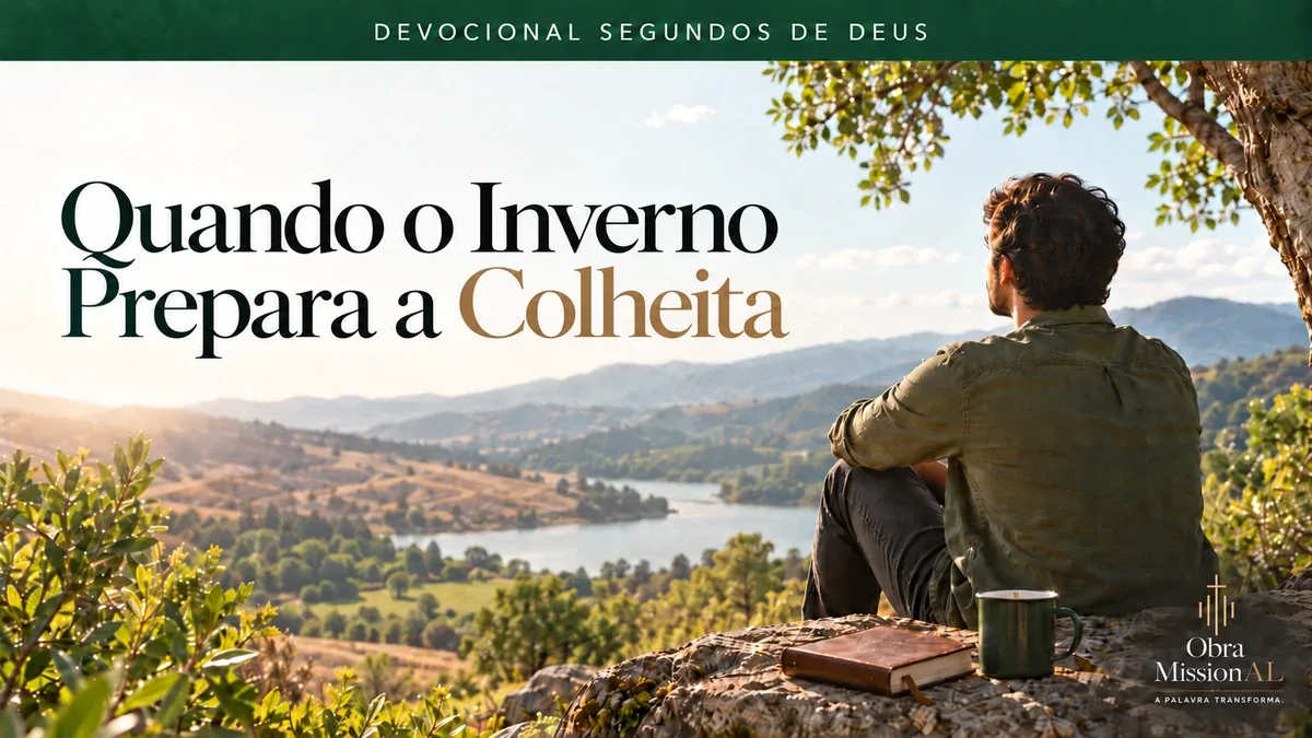 Homem sentado sob uma árvore contemplando um vale entre montanhas, com um livro e uma caneca sobre as pedras ao seu lado.