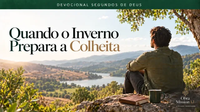 Homem sentado sob uma árvore contemplando um vale entre montanhas, com um livro e uma caneca sobre as pedras ao seu lado.