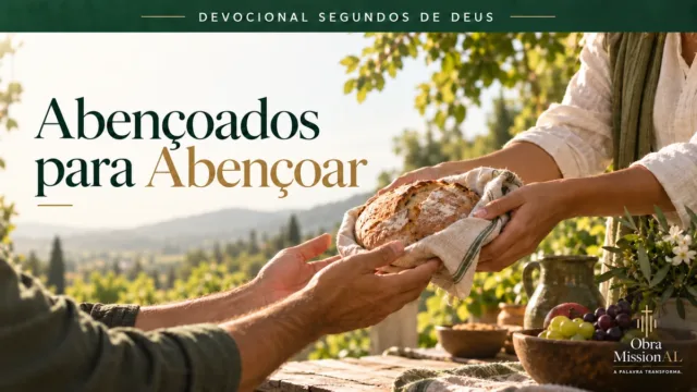 Pessoa entregando um pão a outra sobre uma mesa com frutas e utensílios, em ambiente rural iluminado pelo sol.