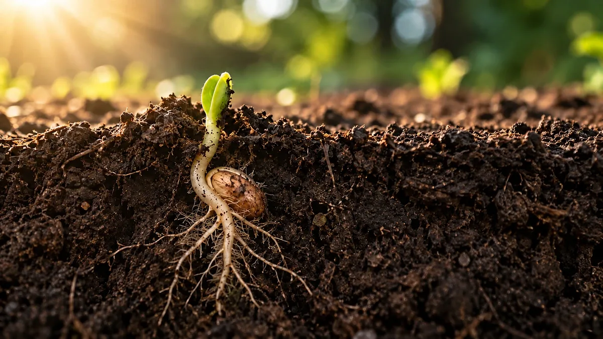 Semente germinando sob a terra, com raízes desenvolvidas e pequeno broto começando a surgir na superfície.