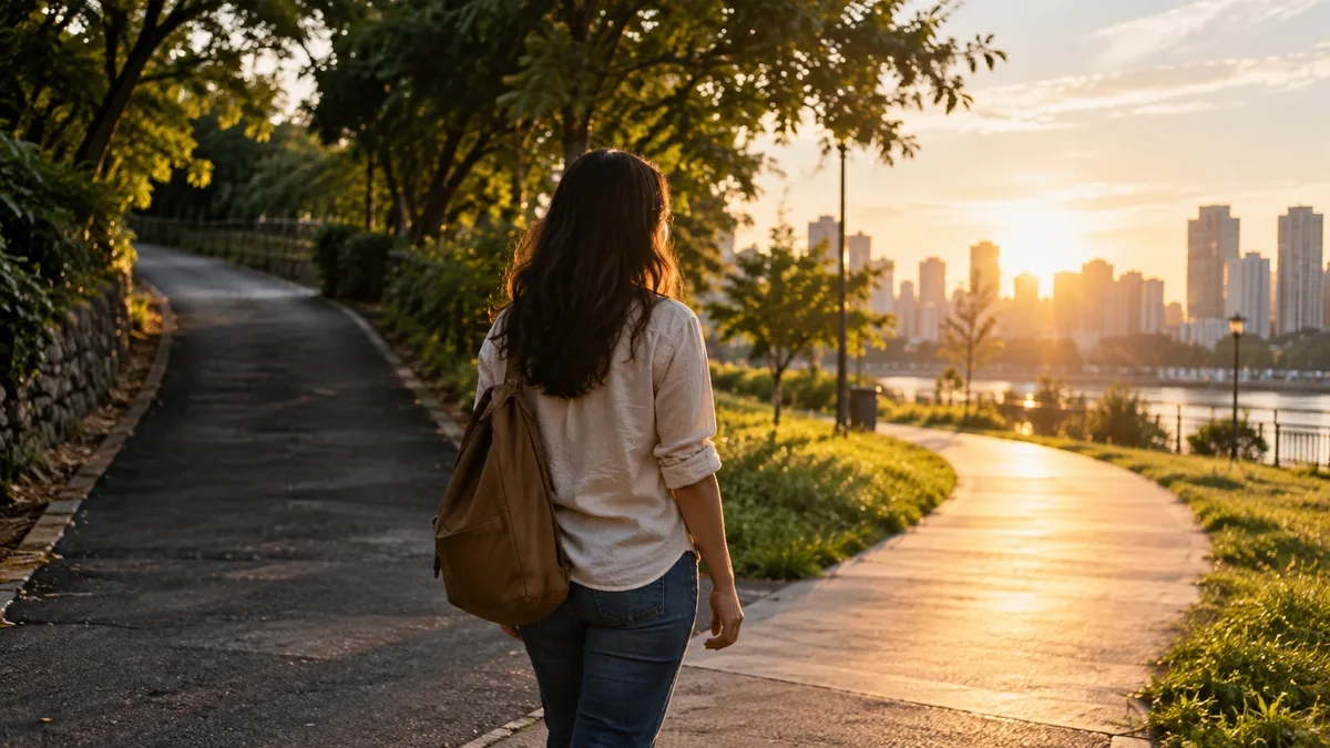Mulher caminhando diante de dois caminhos em um parque urbano ao entardecer, simbolizando escolhas guiadas pelo amor a Deus.