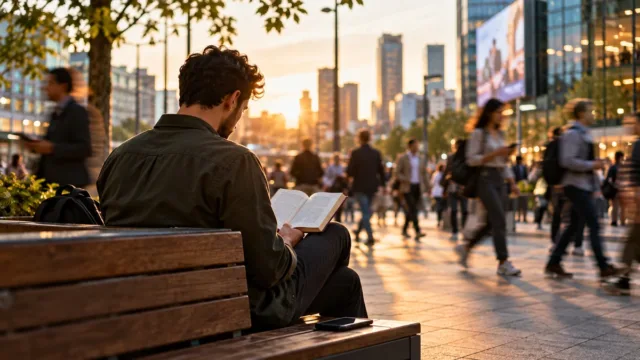 Homem sentado em banco de uma área urbana movimentada, concentrado na leitura enquanto pessoas passam ao redor e um celular permanece ao lado.