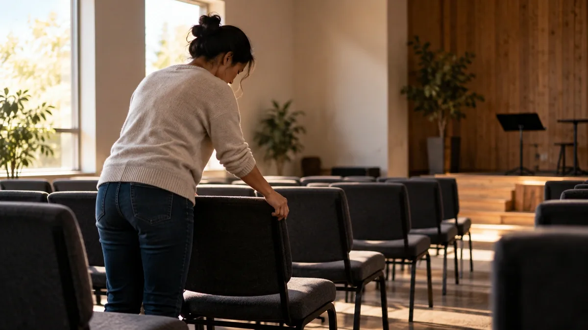 Mulher organizando cadeiras em uma sala vazia, representando fidelidade e serviço mesmo quando ninguém está observando.