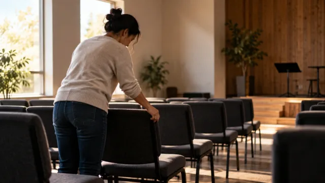 Mulher organizando cadeiras em uma sala vazia, representando fidelidade e serviço mesmo quando ninguém está observando.