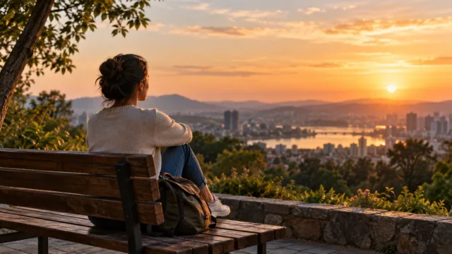 Pessoa sentada em um banco contemplando a cidade ao pôr do sol, representando um momento de descanso, silêncio e renovação interior.