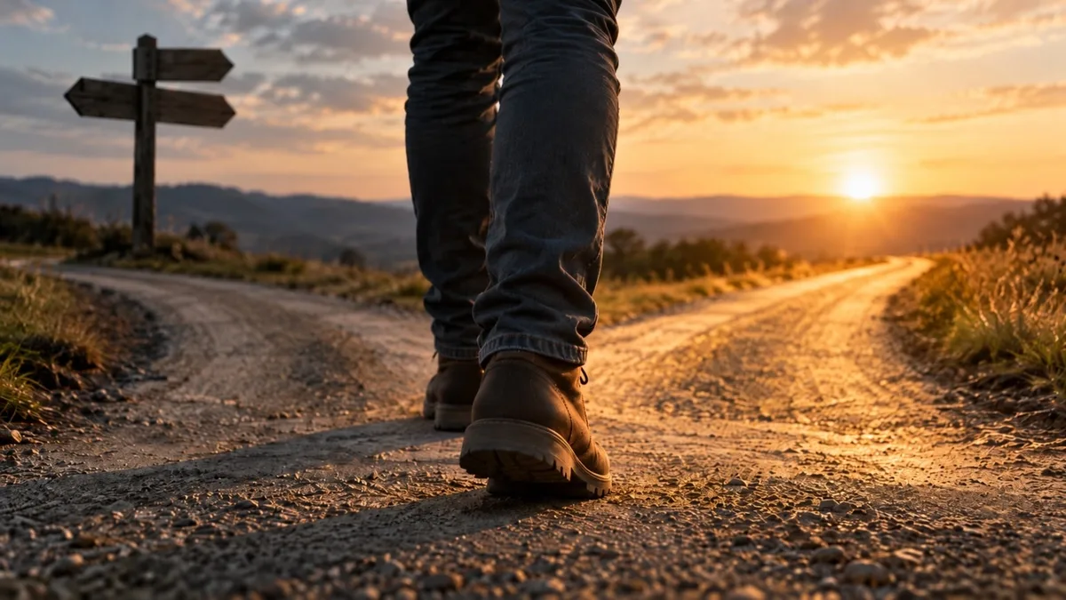 Pessoa caminhando por uma estrada ao entardecer perto de uma placa indicando diferentes direções.