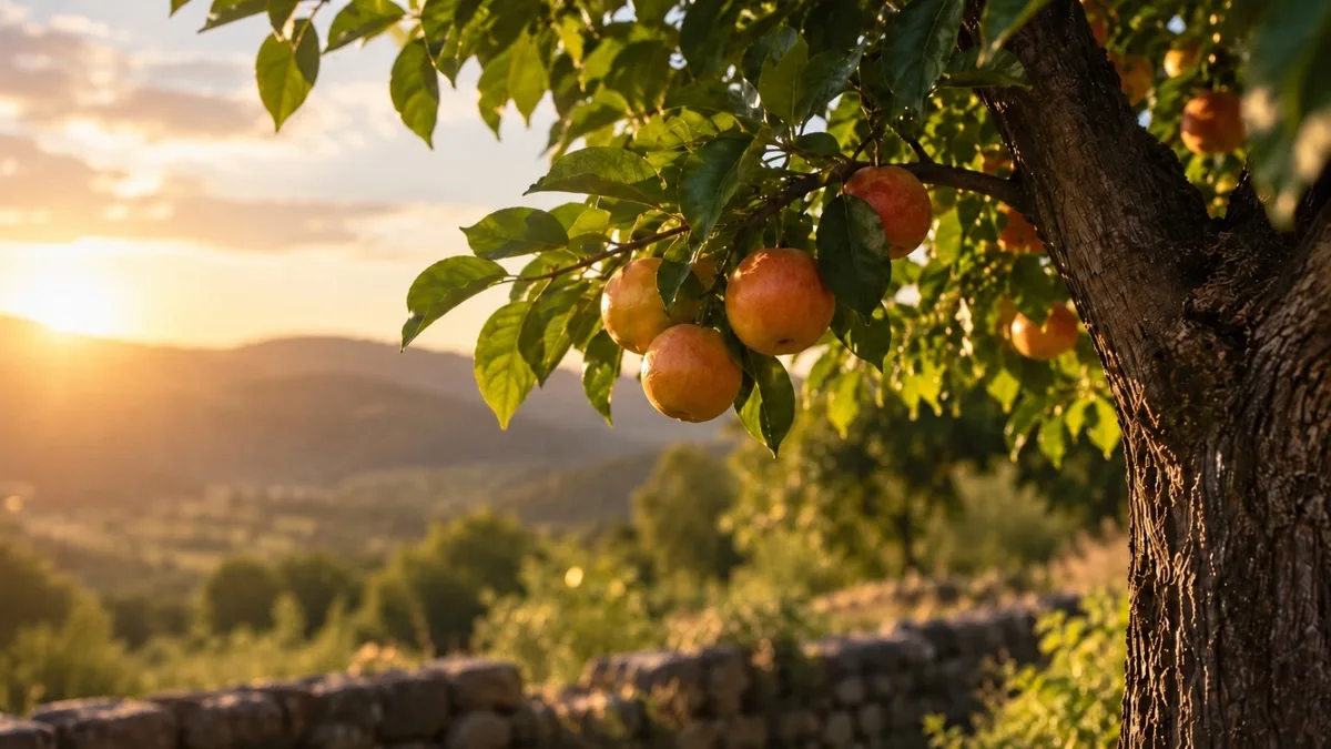 Árvore carregada de frutos maduros iluminados pela luz do fim da tarde.