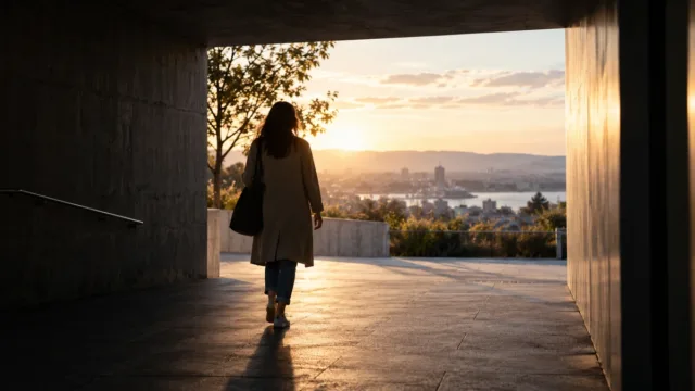 Pessoa vista de costas caminhando de um ambiente escuro para uma área aberta iluminada pela luz da manhã.