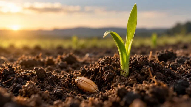 descrição da terra, do grão e do pequeno broto, transmitindo visualmente a ideia de entrega e nascimento.