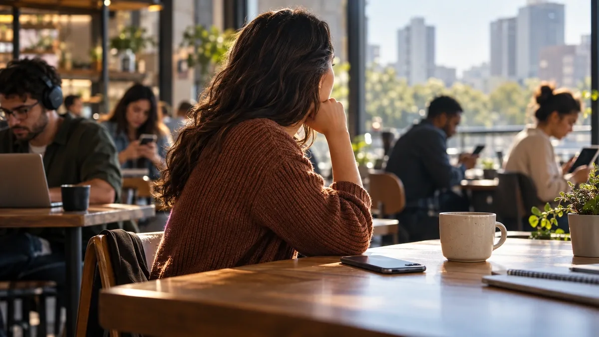 uma pessoa deixando o celular de lado em meio a um ambiente com várias distrações digitais.