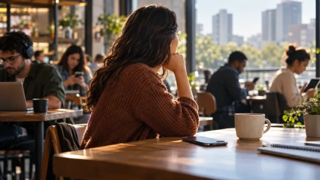 uma pessoa deixando o celular de lado em meio a um ambiente com várias distrações digitais.