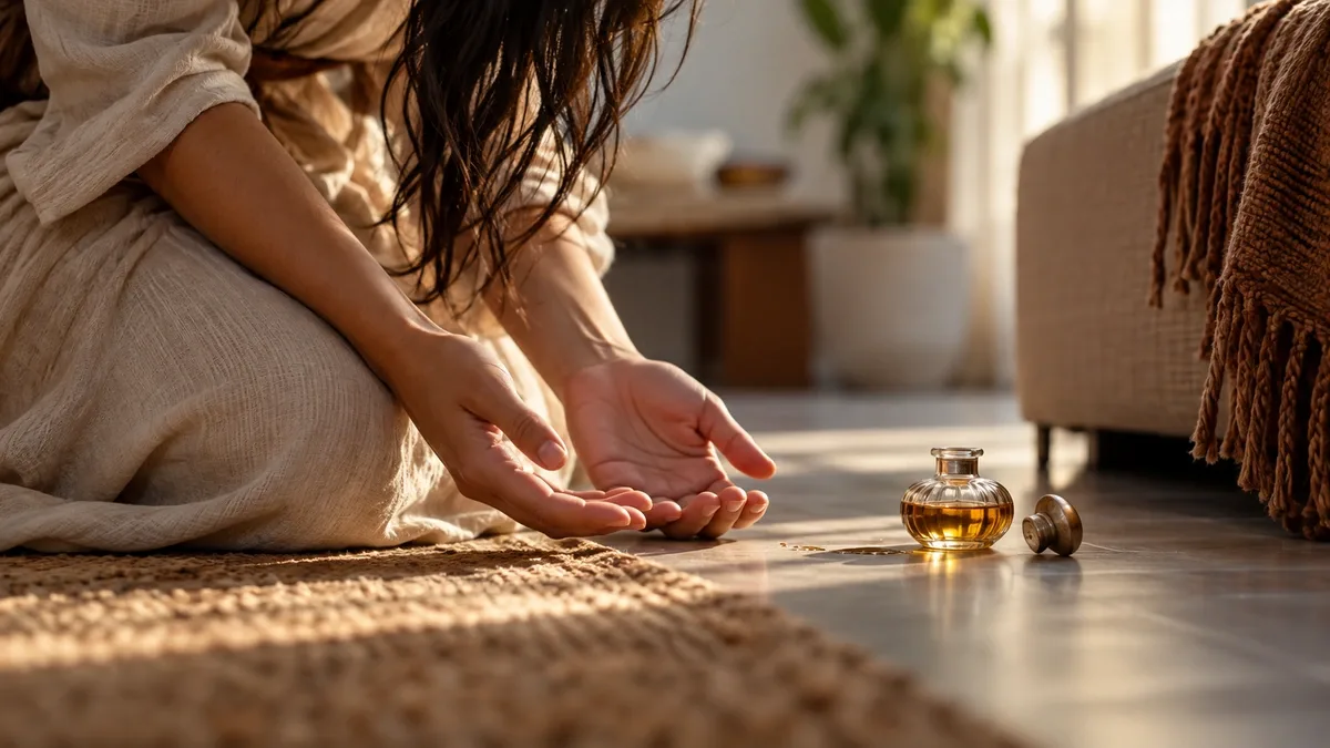 pessoa em postura humilde e do frasco de perfume presente na cena