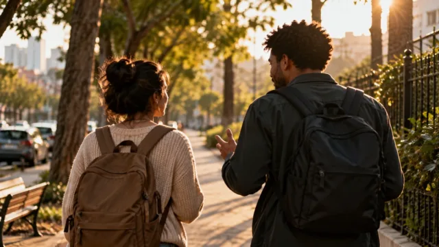 duas pessoas caminhando e conversando em um ambiente cotidiano